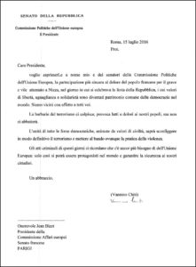 Attentato Nizza Lettera Del Presidente E Dei Senatori Della Xiv Commissione Politiche Dell Unione Europea Vannino Chiti